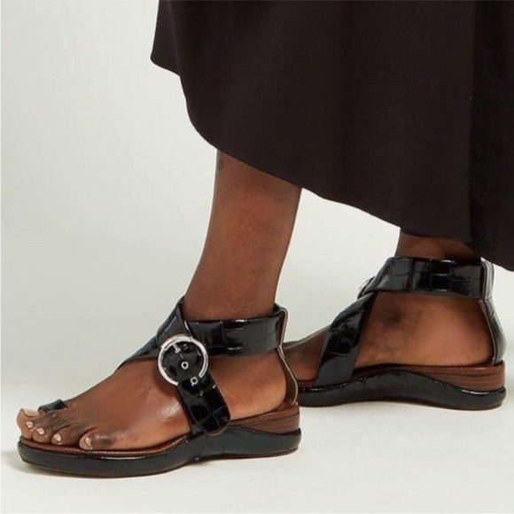 Chloé Leather Croc Embossed Black Brown Sandals - Women’s 6.5 - Picture 2 of 16